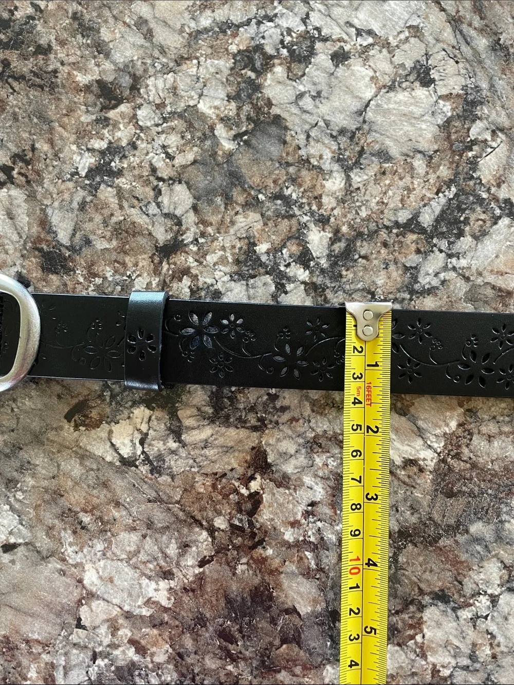 Black Floral Cutout Leather Accent Belt Minimalist Silver Buckle Women's M Boho